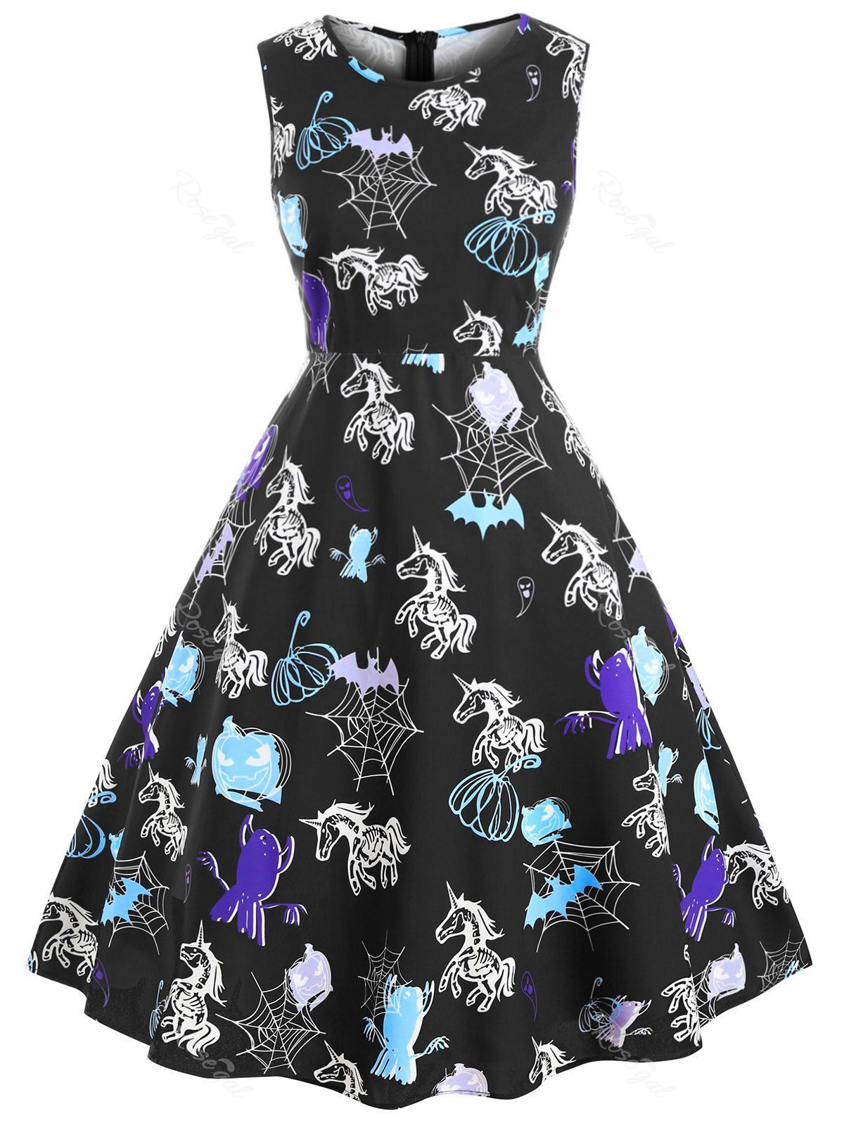 

Plus Size Vintage Printed Halloween Party Dress, Black