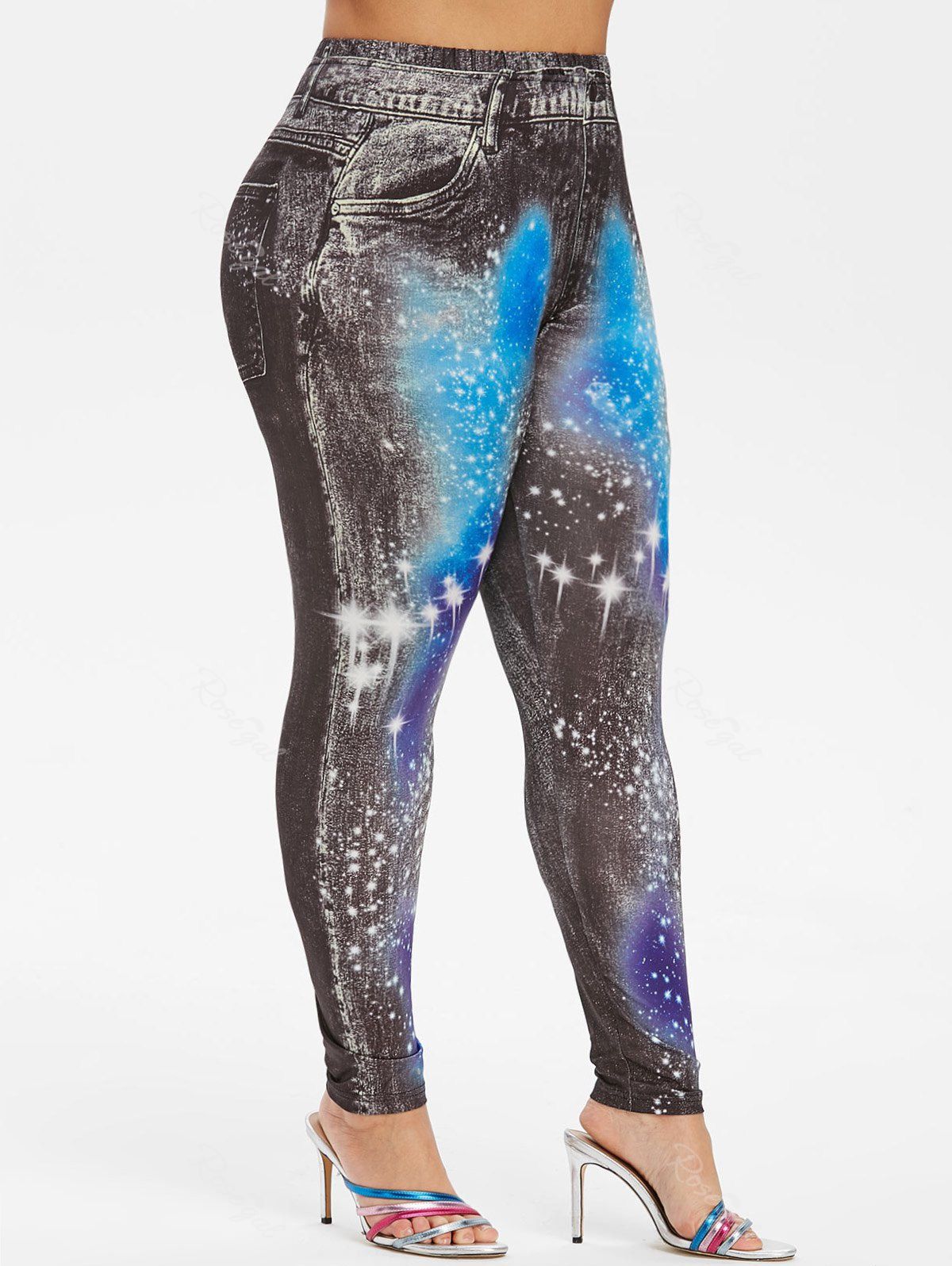 

High Waisted Galaxy 3D Print Plus Size Jeggings, Black