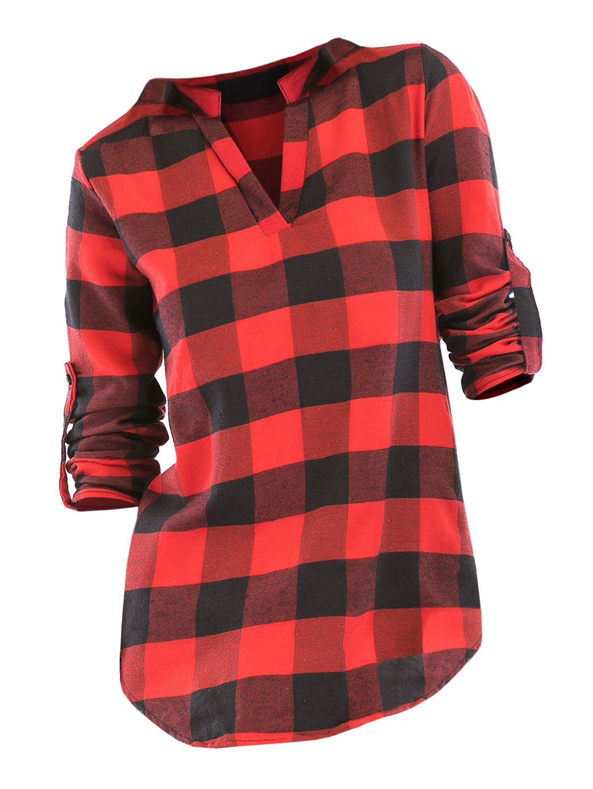 

Plaid V Neck Roll Up Sleeve Blouse, Red