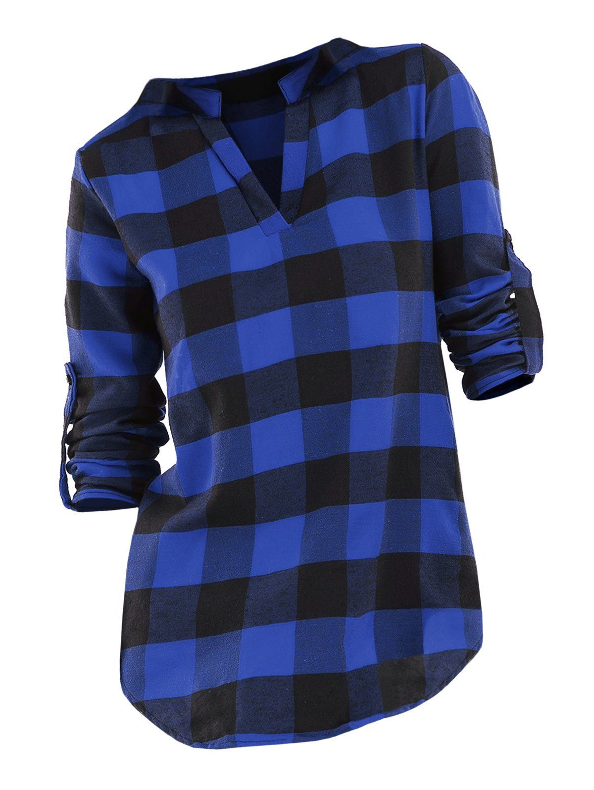 

Plaid V Neck Roll Up Sleeve Blouse, Cobalt blue