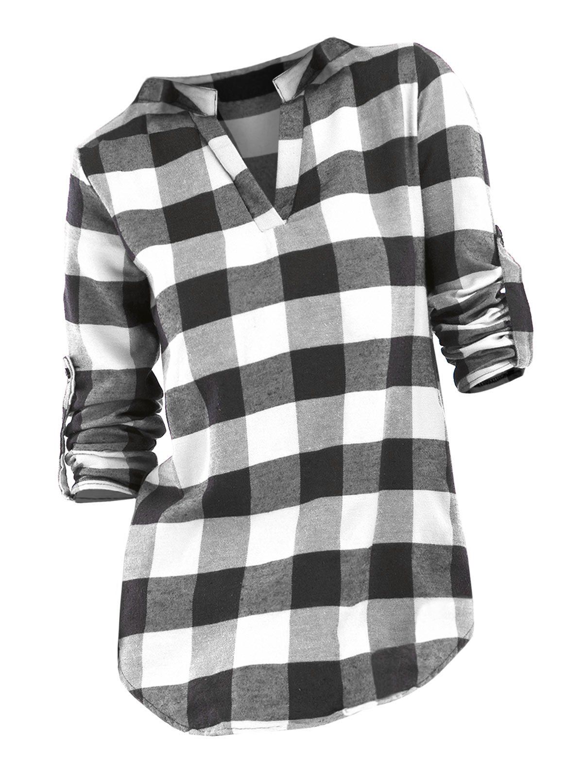 

Plaid V Neck Roll Up Sleeve Blouse, White