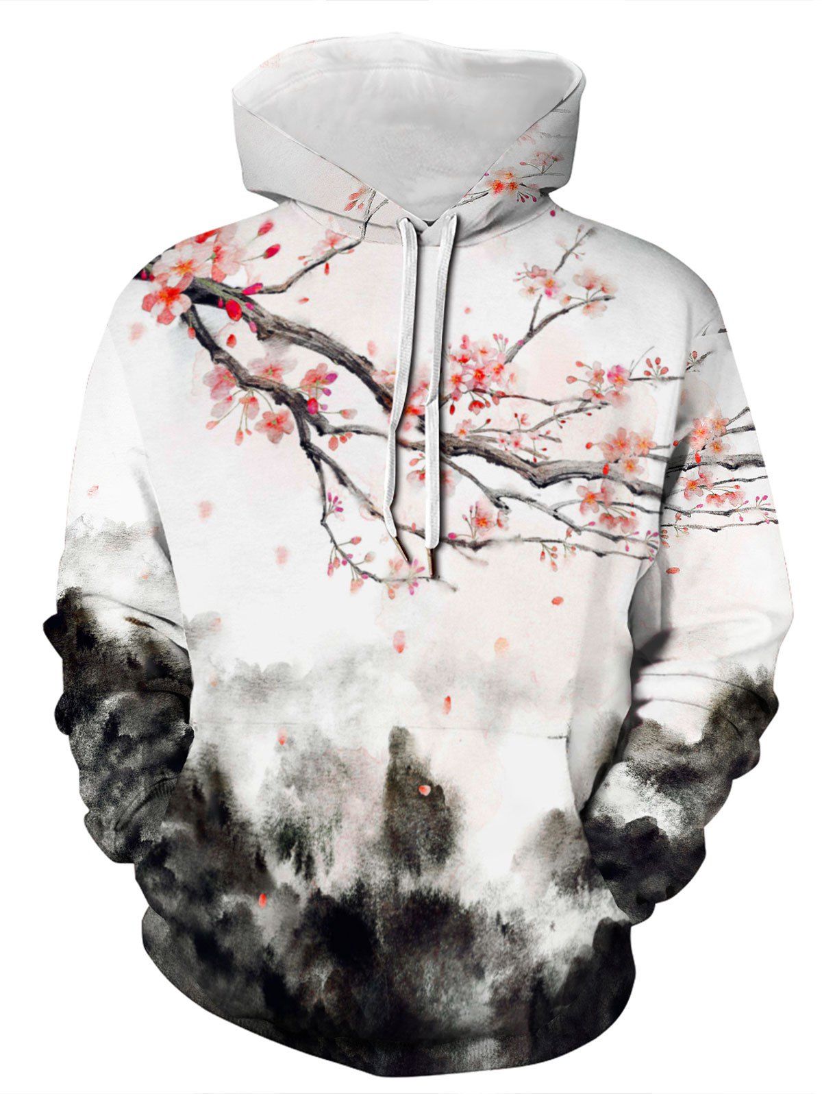 

Plus Size Ink Painting Print Kangaroo Pocket Pullover Hoodie, White