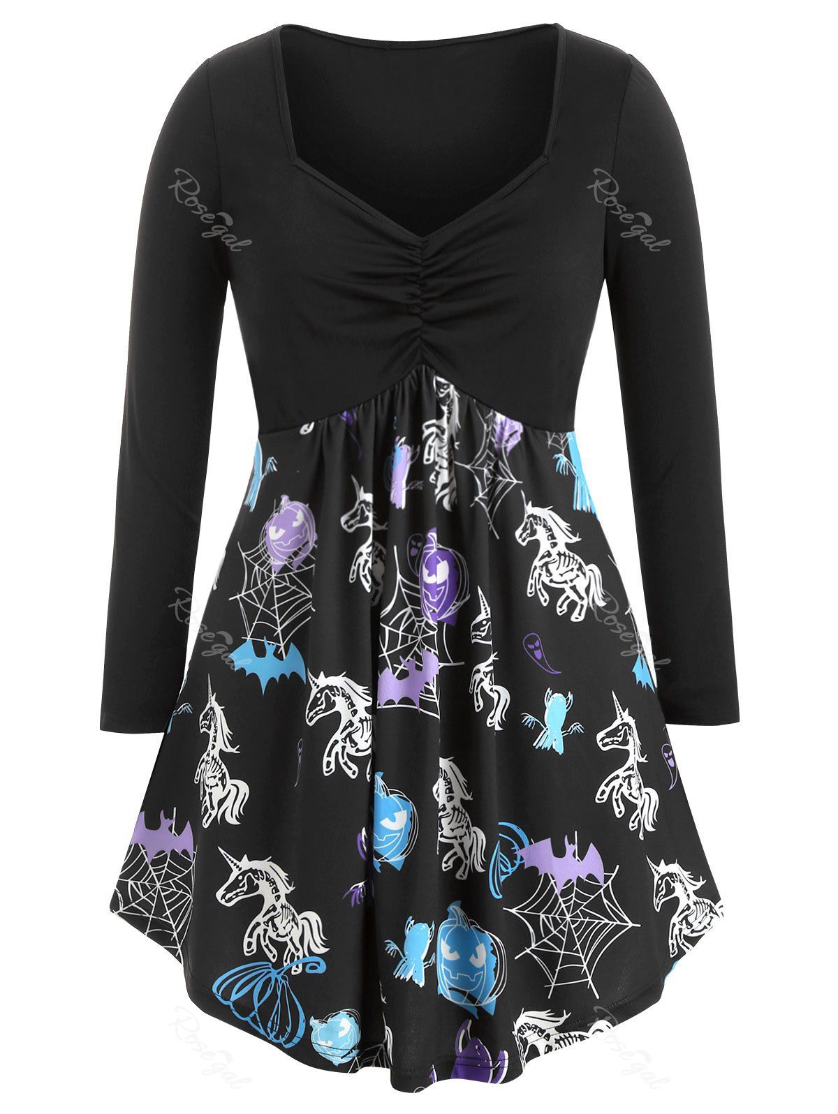 

Plus Size Sweetheart Neck Unicorn Pumpkin Print Halloween T Shirt, Black