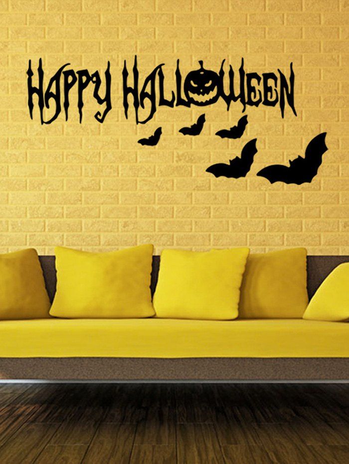 

Happy Halloween Pumpkin Bats Print Wall Art Stickers, Black