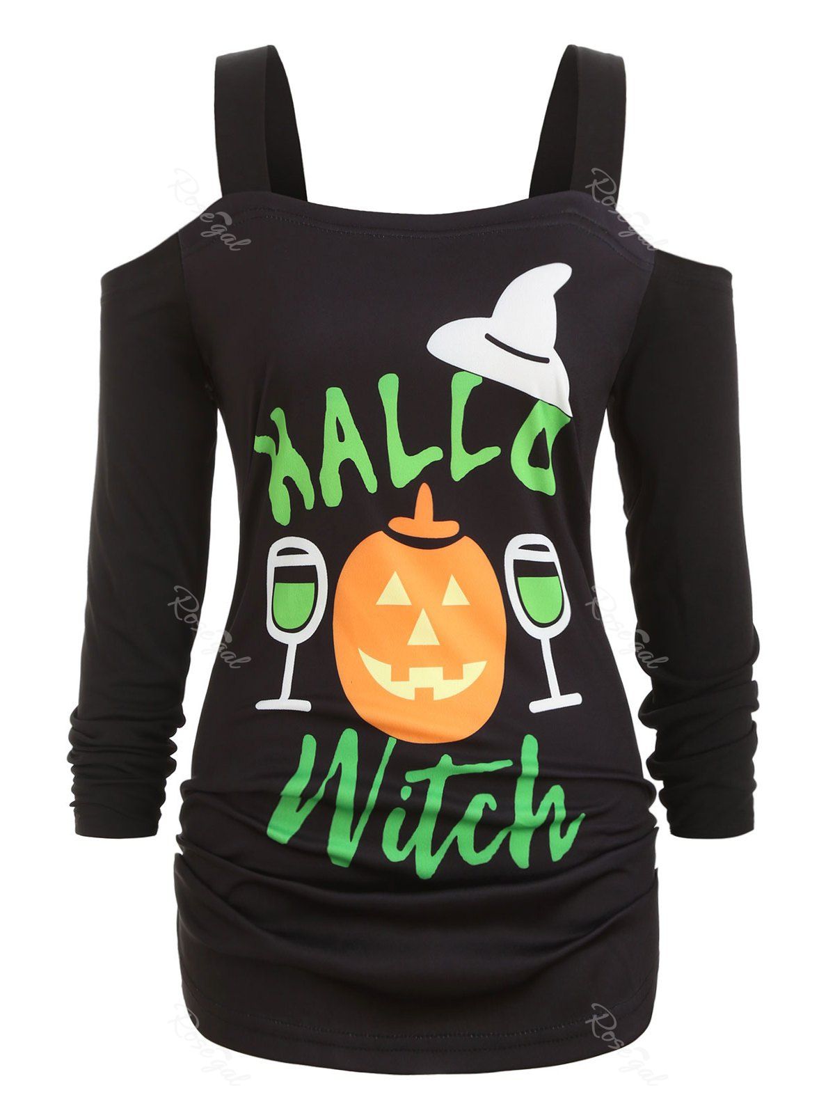 

Plus Size Cold Shoulder Printed Halloween Graphic T Shirt, Black