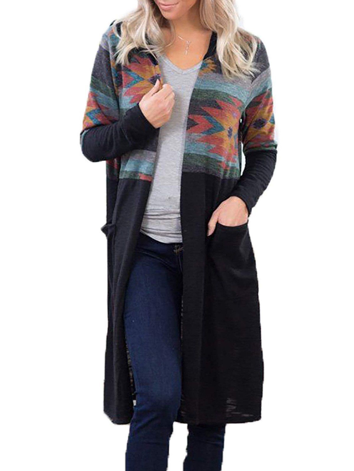 

Hooded Geometric Pocket Long Knitted Cardigan, Black