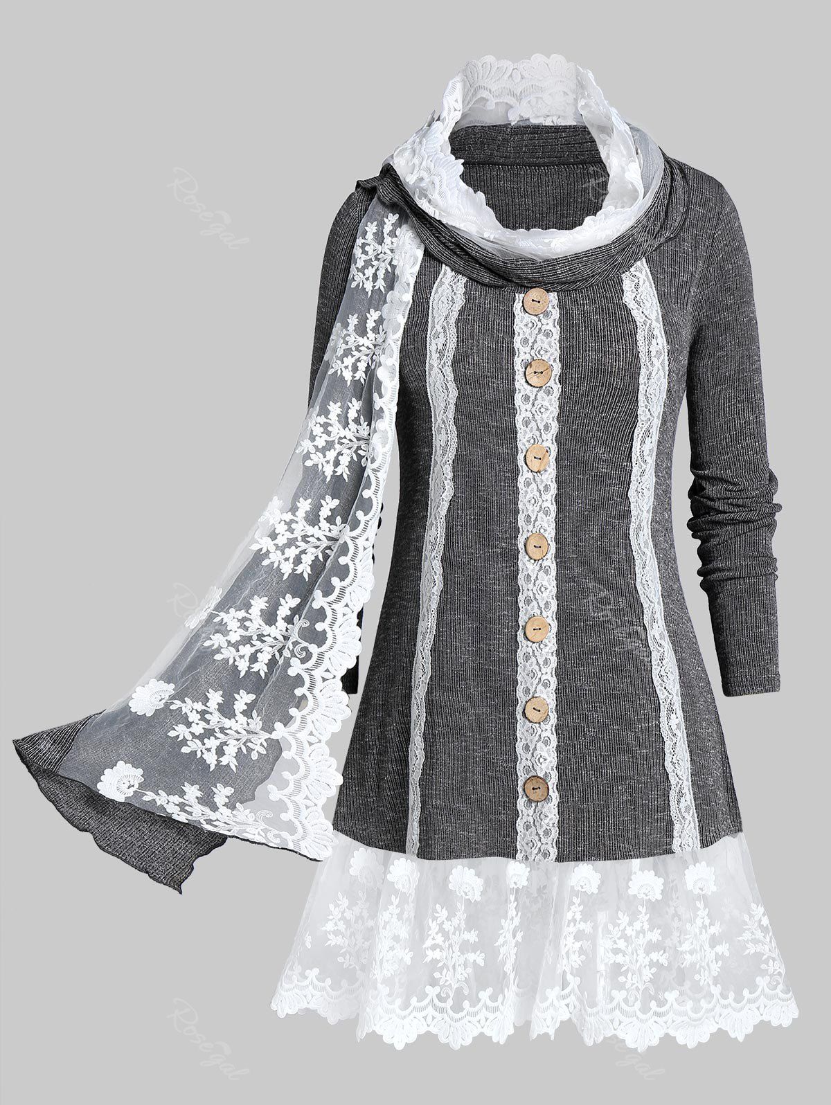 Latest Plus Size Contrast Lace Space Dye Knit Top With Scarf  