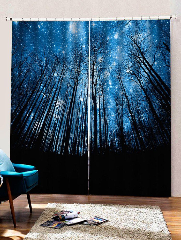 

2 Panels Starry Sky Forest Print Window Curtains, Multi