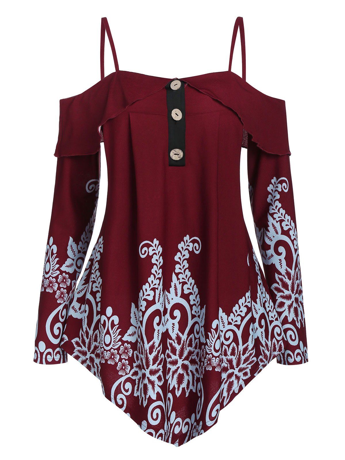 

Spaghetti Strap Open Shoulder Printd T Shirt, Red wine