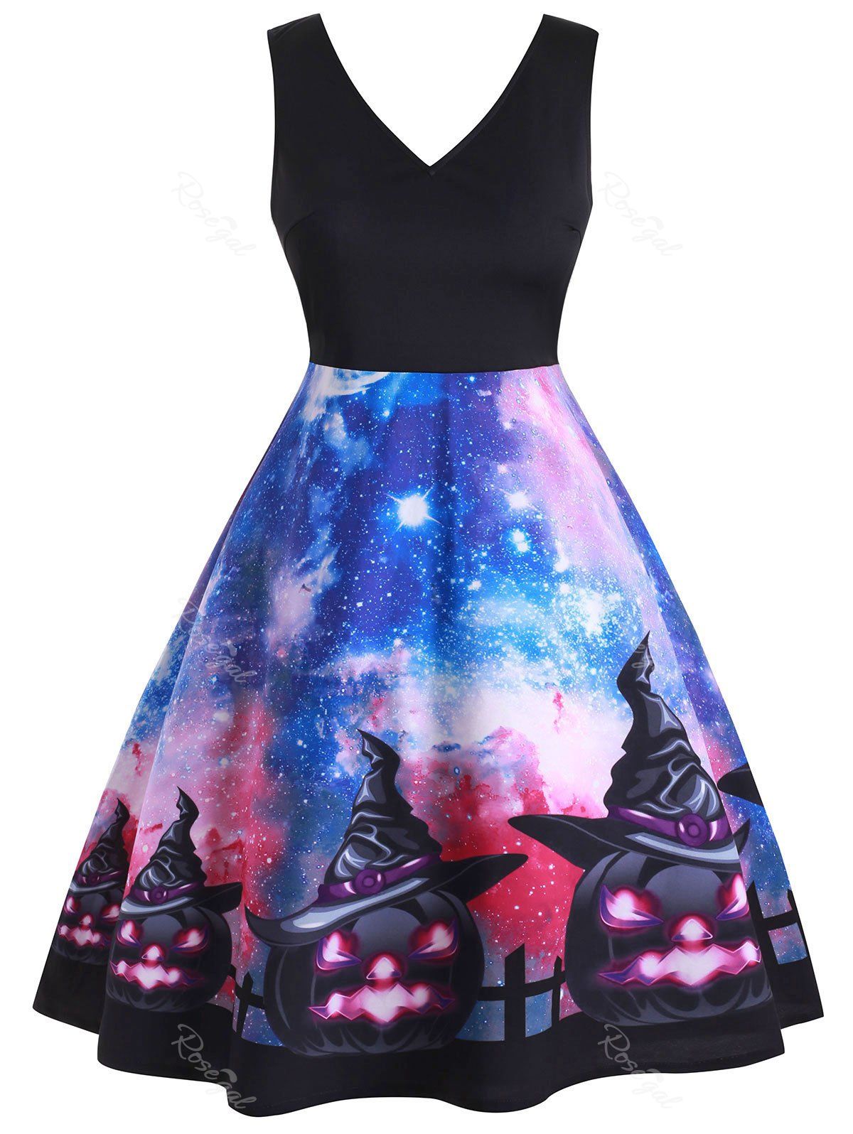 

Double V Contrast Galaxy Pumpkin Halloween Plus Size Dress, Black