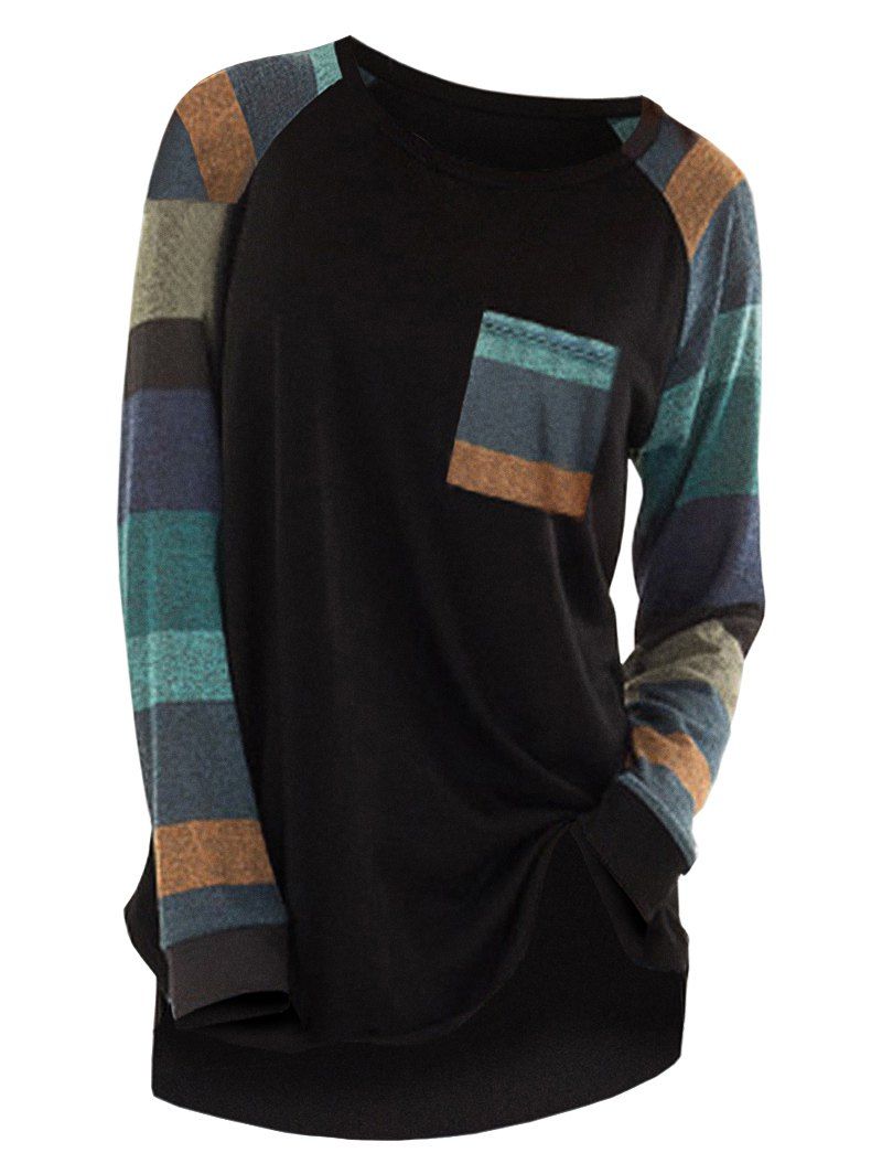 

Raglan Sleeve Striped Pocket Longline T-shirt, Black