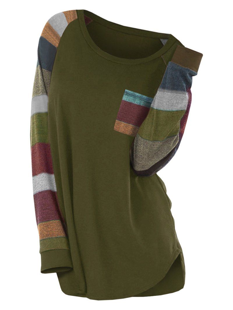 

Raglan Sleeve Striped Pocket Longline T-shirt, Army green