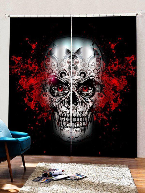 

2 Panels Halloween Gear Skull Print Window Curtains, Multi