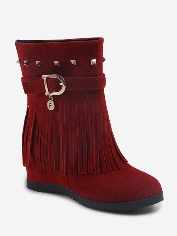 

Hidden Heel Fringed Rivet Mid Calf Boots, Red wine