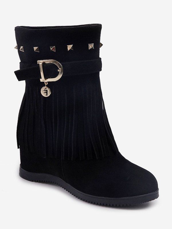 

Hidden Heel Fringed Rivet Mid Calf Boots, Black