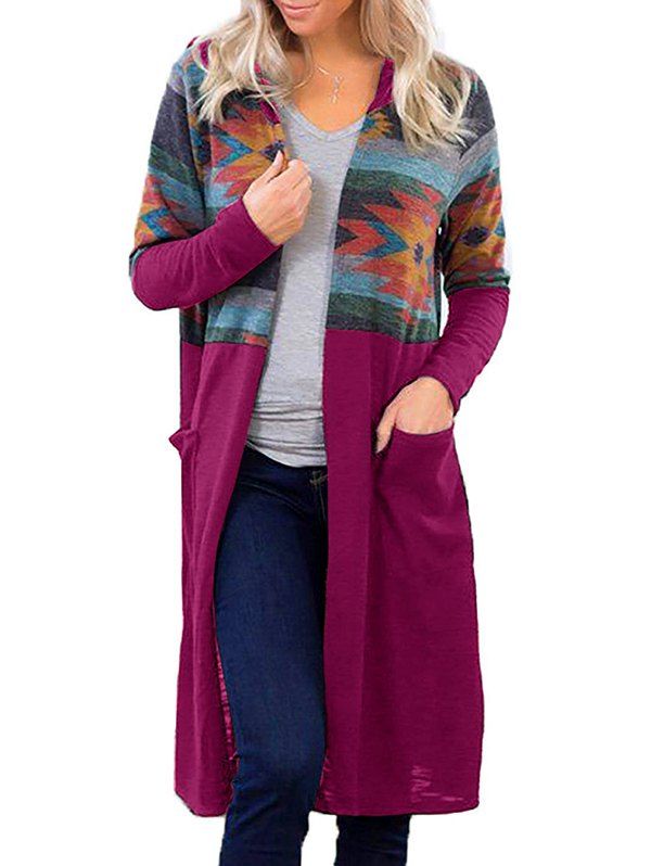 

Hooded Geometric Pocket Long Knitted Cardigan, Red