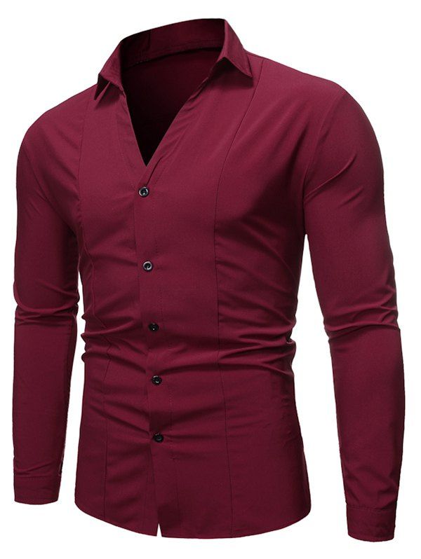 

V Neck Button Up Long-sleeved Shirt, Red wine