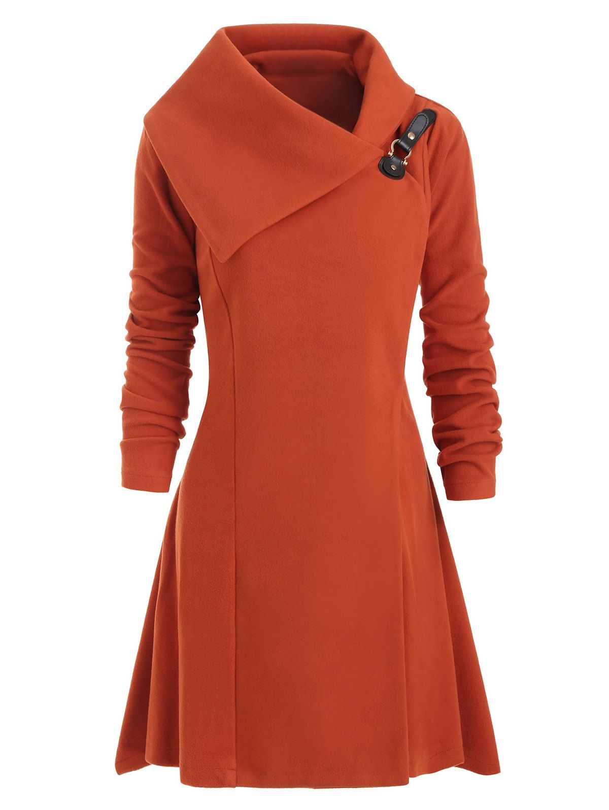 

Belt Connected Snap Button Fleece Coat, Papaya orange