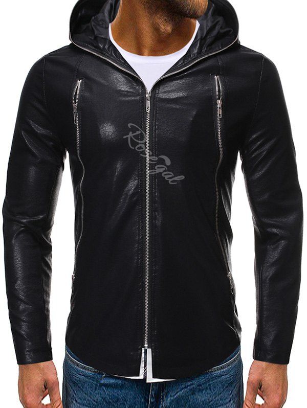 Trendy Solid Color Zipper Faux Leather Hooded Jacket  