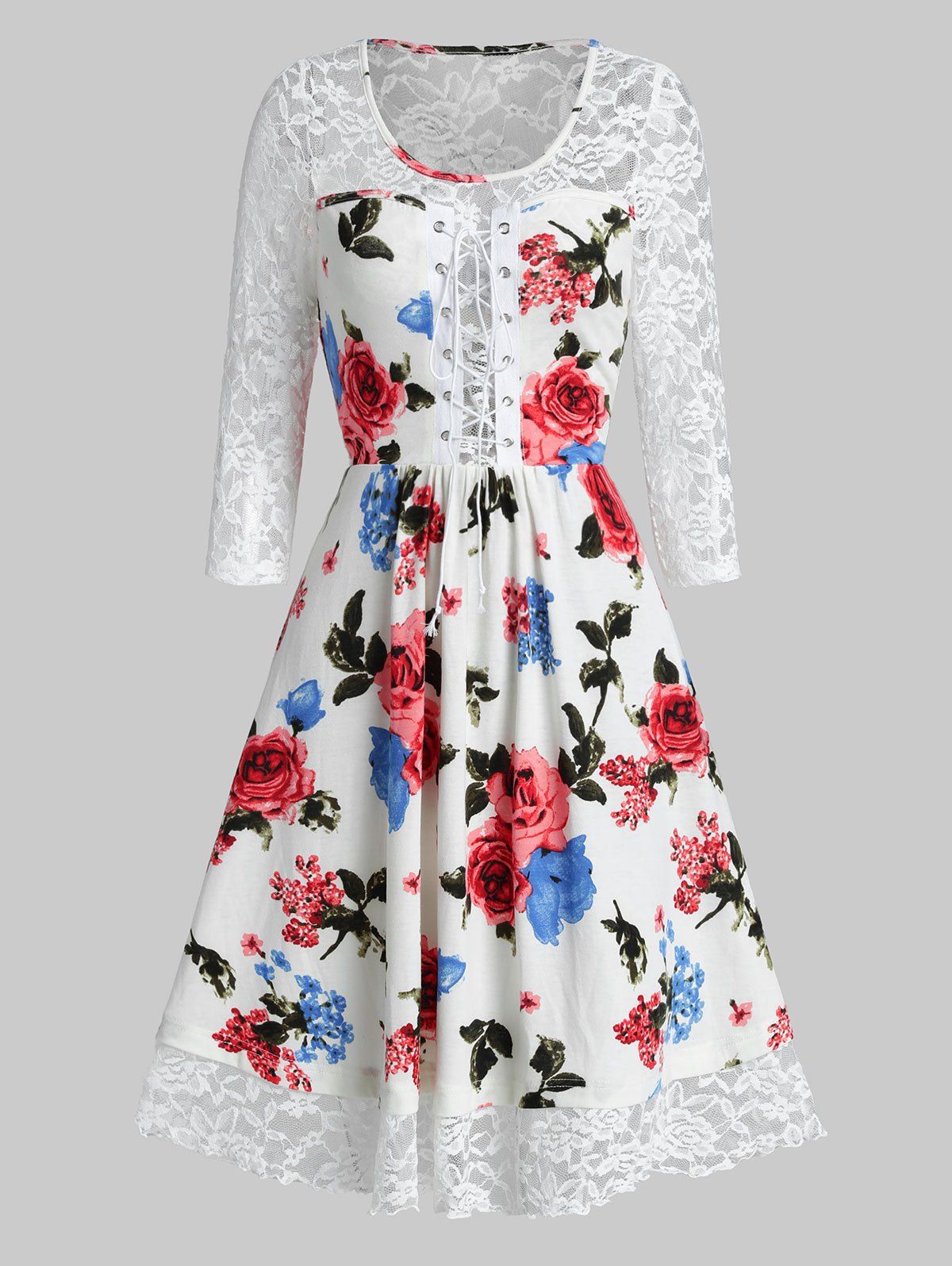 

A Line Lace Up Ditsy Print Dress, White