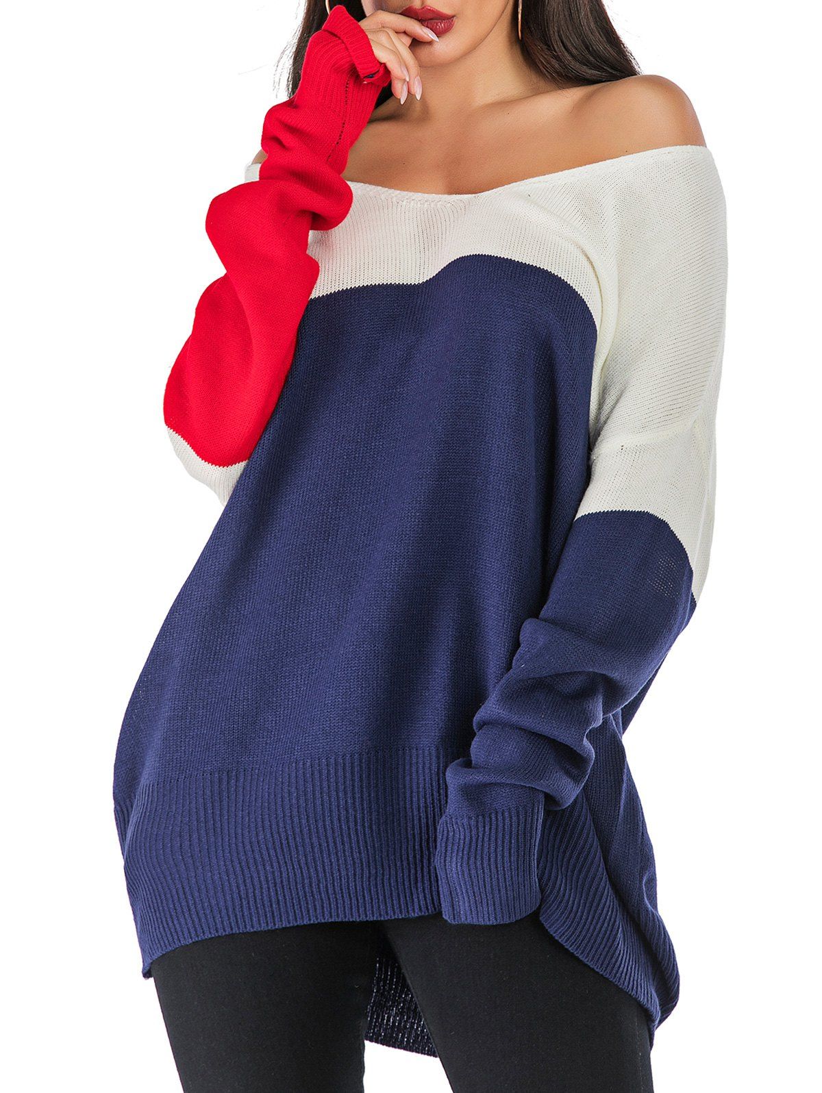 

Off Shoulder Color Block Loose Sweater, Multi-a