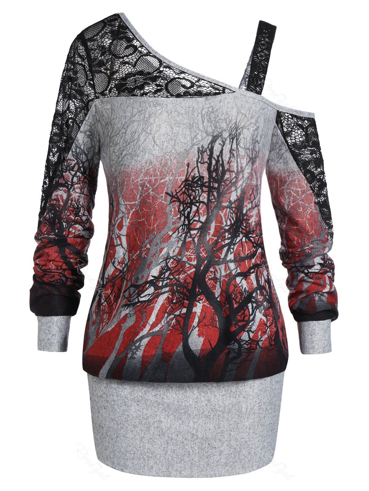 

Plus Size Skew Neck Ombre Tree Print Blouson Halloween Sweatshirt, Dark slate grey