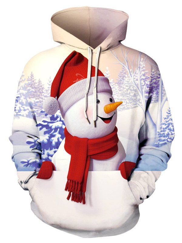 

Plus Size 3D Snowman Print Christmas Pullover Hoodie, White