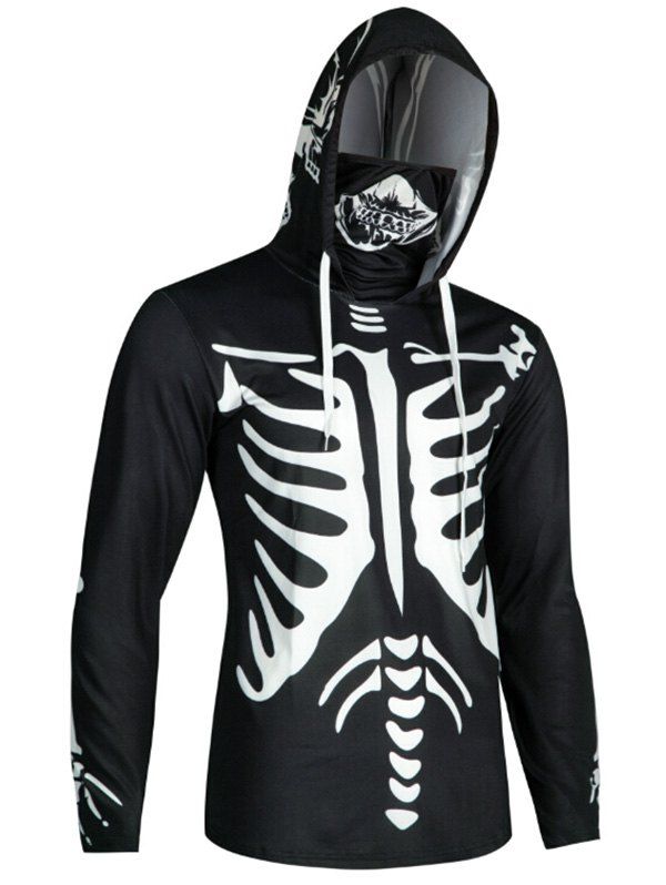 

Halloween Skeleton Print Finger Hole Skull Mask Hoodie, Black