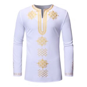 

African Gilding Print Long-sleeved Pullover Shirt, White