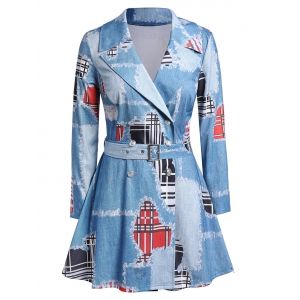 

Plus Size 3D Destroyed Denim Tartan Print Trench Coat, Multi a