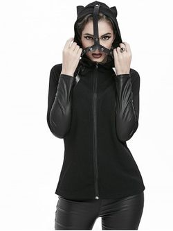 Gothic Cat Ear Faux Leather Panel Zipper Hooded Jacket - BLACK - 2XL