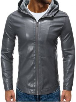 Solid Color False Leather Hooded Jacket - LIGHT GRAY - M