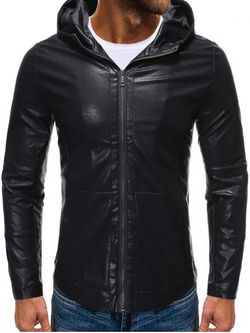 Solid Color False Leather Hooded Jacket - BLACK - 2XL