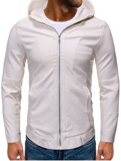 Solid Color False Leather Hooded Jacket - WHITE - L