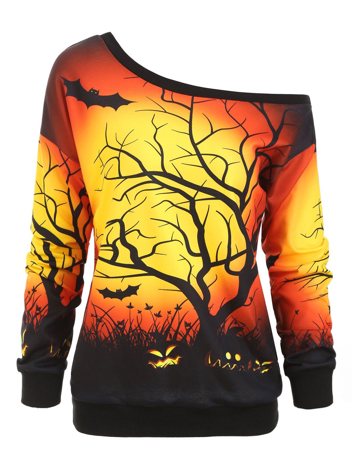 

Halloween Tree Pumpkin Skew Neck Sweatshirt, Dark orange
