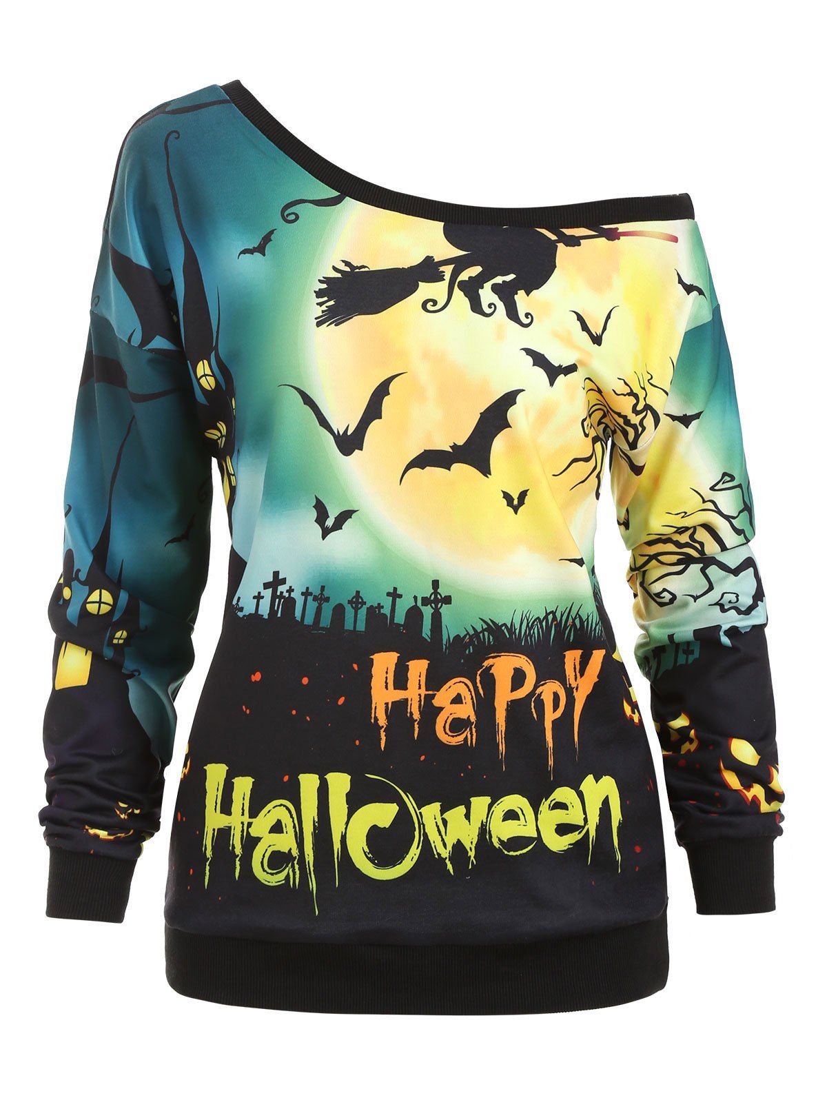

Halloween Pumpkin Face Bat Print Skew Neck Sweatshirt, Deep green