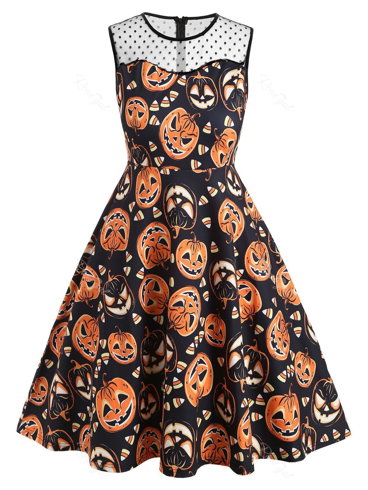 

Plus Size Lace Insert Pumpkin Print Halloween Vintage Party Dress, Multi-a