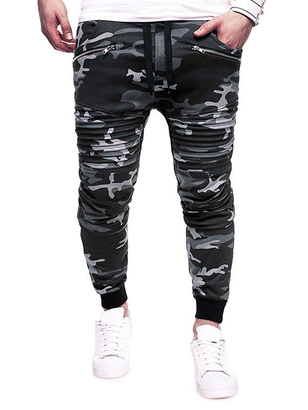 

Camo Print Zipper Decoration Jogger Pants, Ash gray