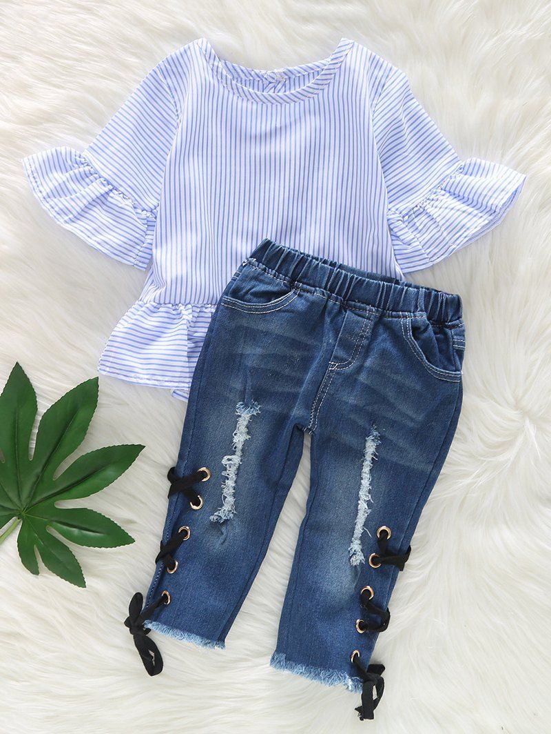 

Ruffle Sleeve Striped Top and Ripped Jeans Set, Denim blue