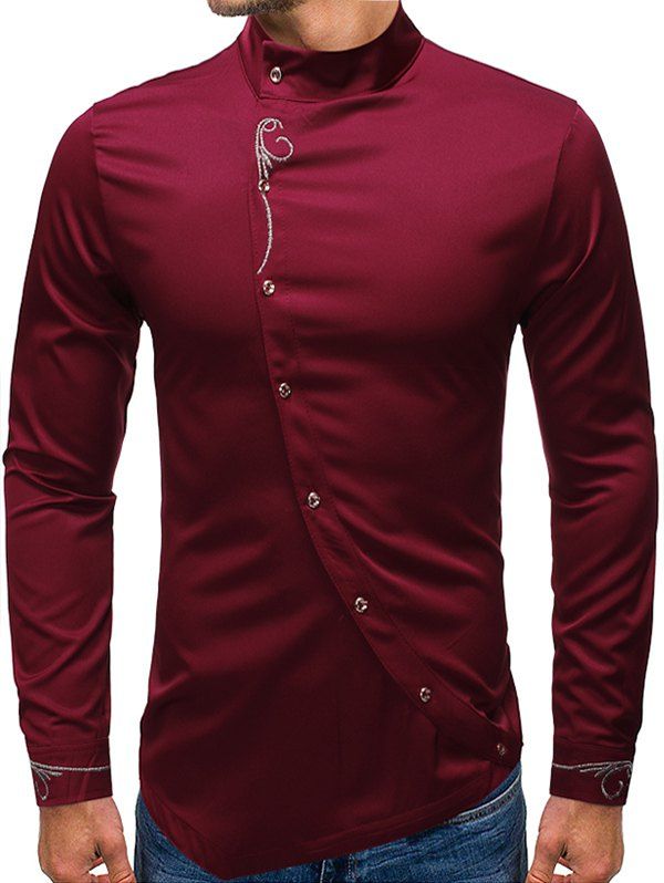 

Embroidery Floral Oblique Button High Low Shirt, Red wine