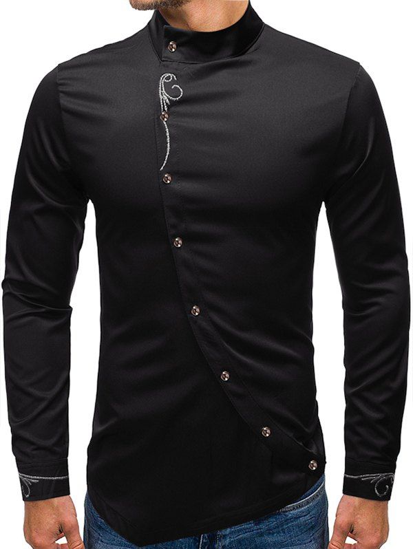 

Embroidery Floral Oblique Button High Low Shirt, Black