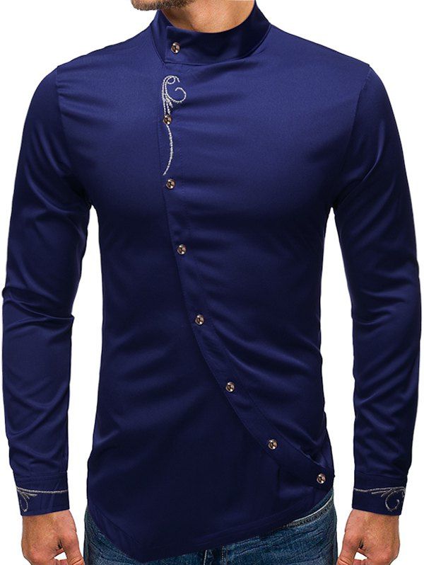 

Embroidery Floral Oblique Button High Low Shirt, Cadetblue