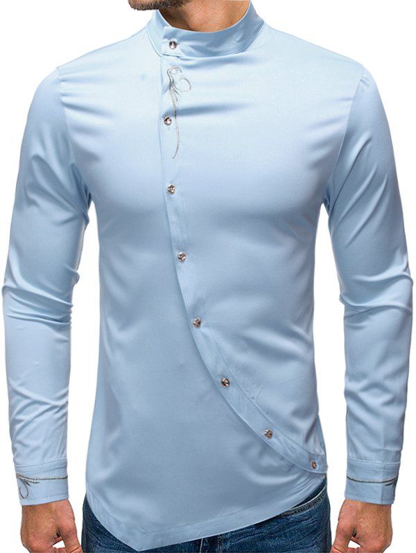 

Embroidery Floral Oblique Button High Low Shirt, Light blue