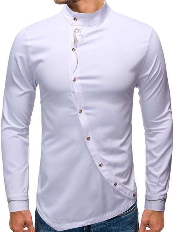 

Embroidery Floral Oblique Button High Low Shirt, White