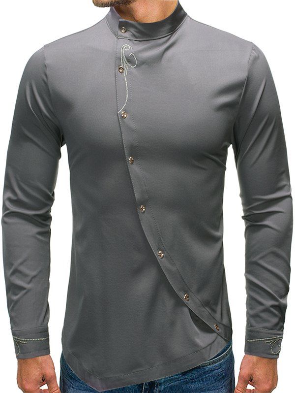 

Embroidery Floral Oblique Button High Low Shirt, Light gray
