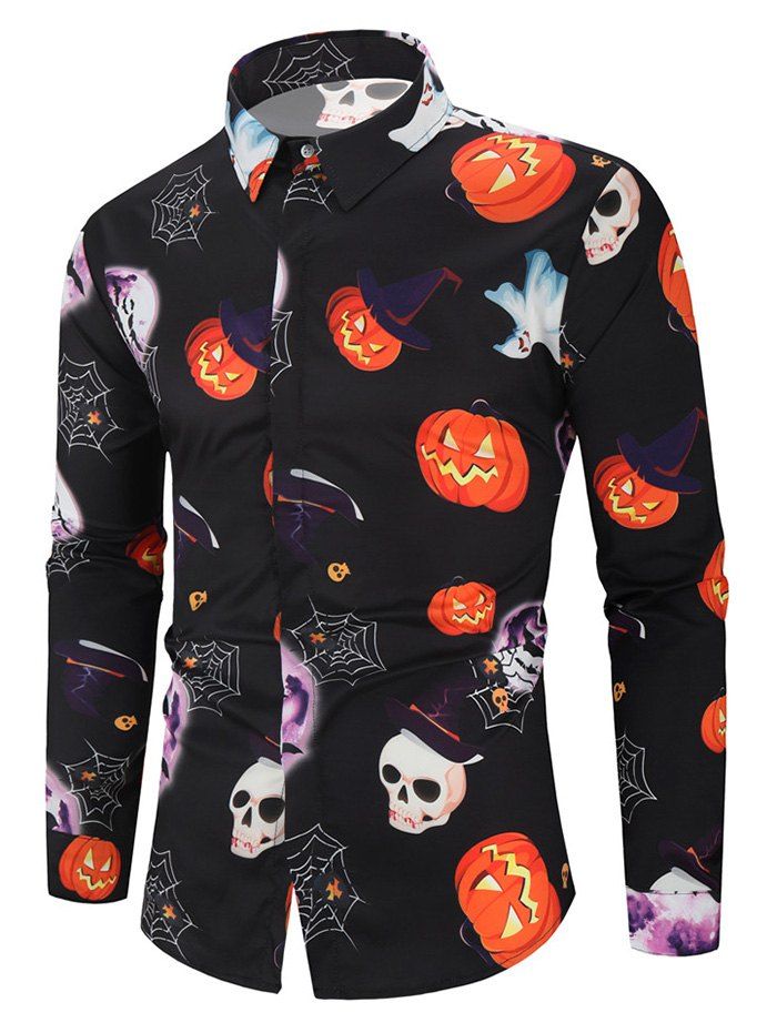 

Halloween Pumpkin Skull Ghost Spider Moon Pattern Print Shirt, Multi