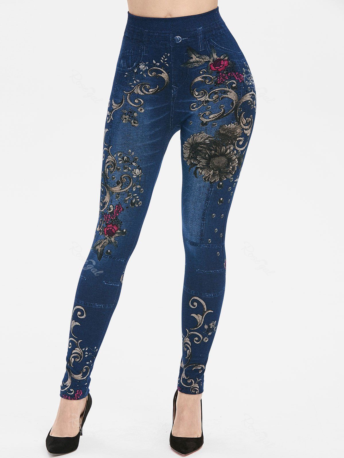 

Floral Print High Rise Skinny 3D Jeggings, Blue