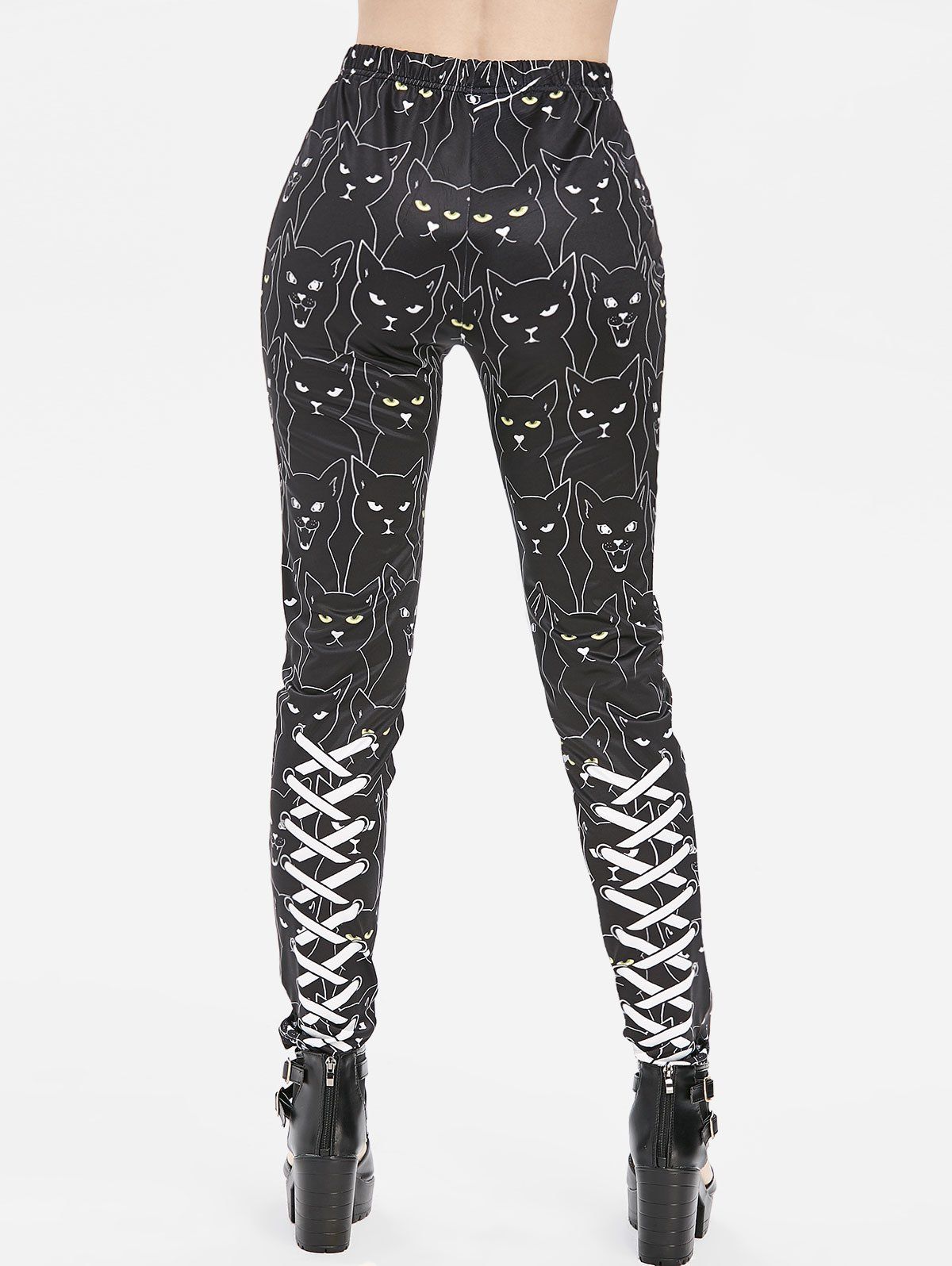 

Cat 3D Lace Up Print High Rise Skinny Pants, Black