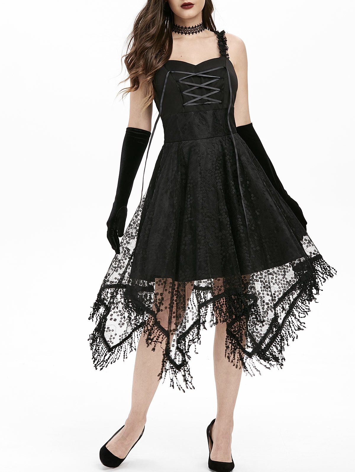 

Lace Up Empire Waist Asymmetrical Dress, Black