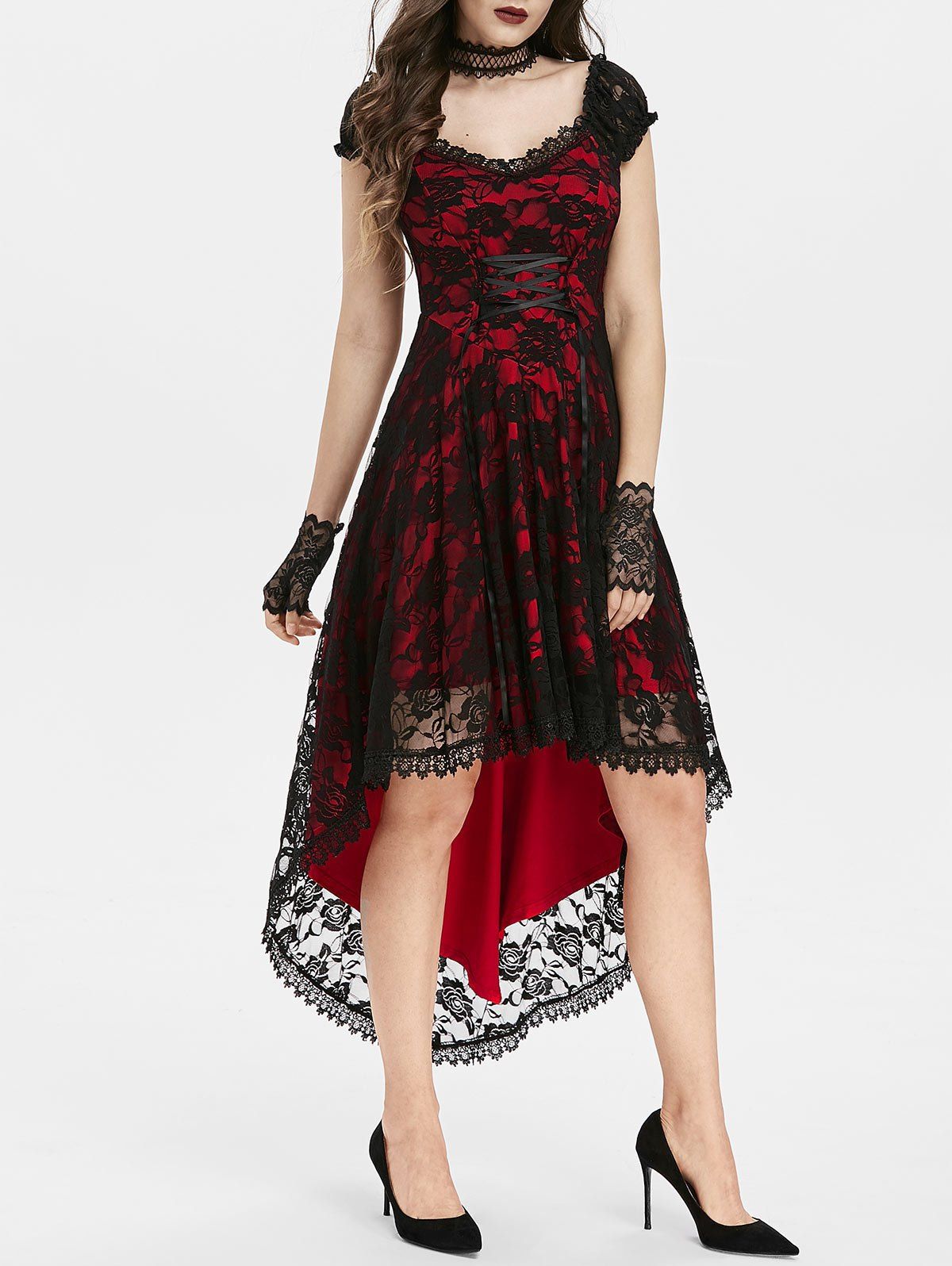 

Lace Up High Low Halloween Gothic Lace Party Dress, Red wine